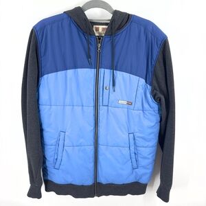 Volcom Scout Mens Puffer Jacket Size M Blue Full Zip Colorblock Hoodie Coat Vtg